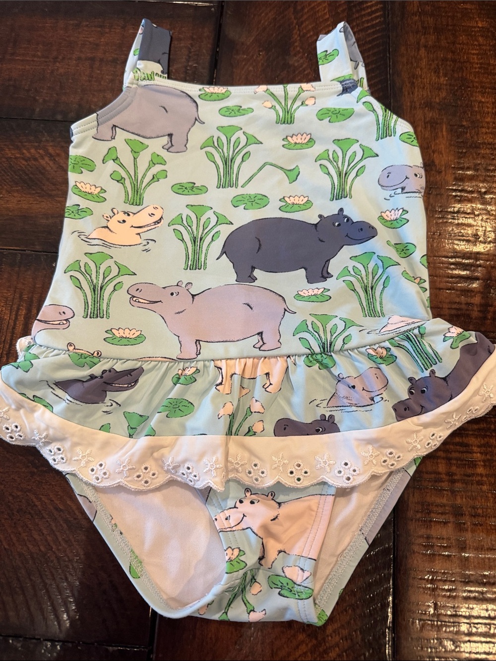The Beaufort Bonnet Company Light Blue Hippo Print Ruffle Swimsuit
